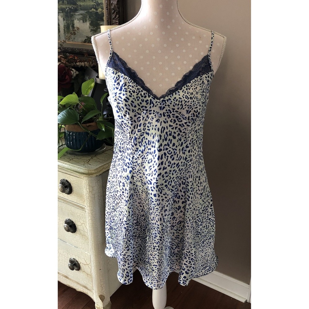 Vintage Jones New York Babydoll Satin Slip Dress Blue Cheetah Print Lace Women L